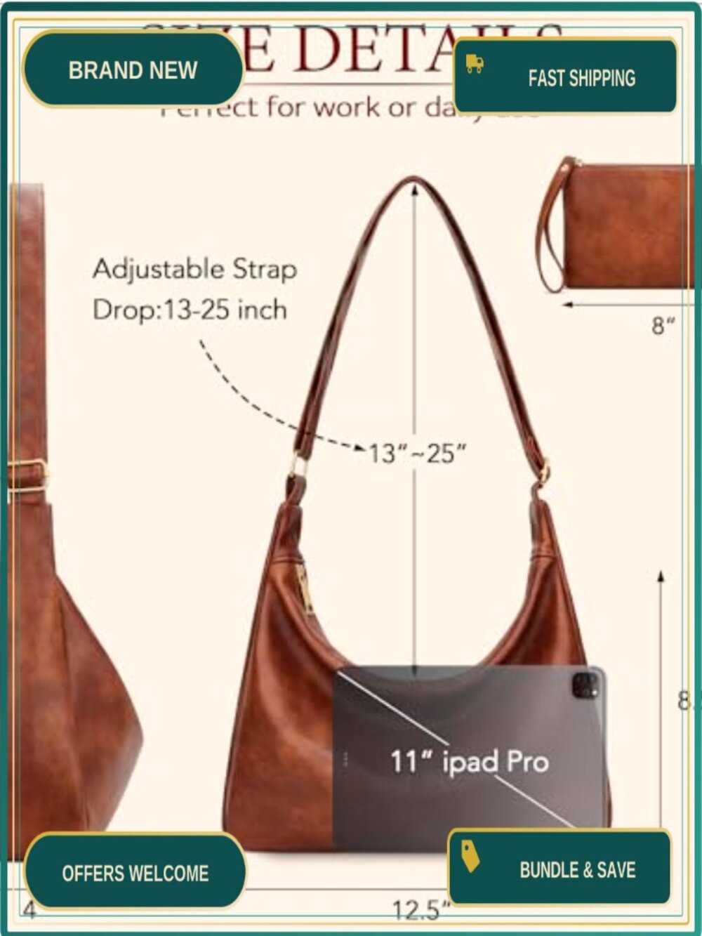 Slouchy Hobo Shoulder Bag Vegan Leather Adjustable Crossbody Purse - Picture 5 of 6